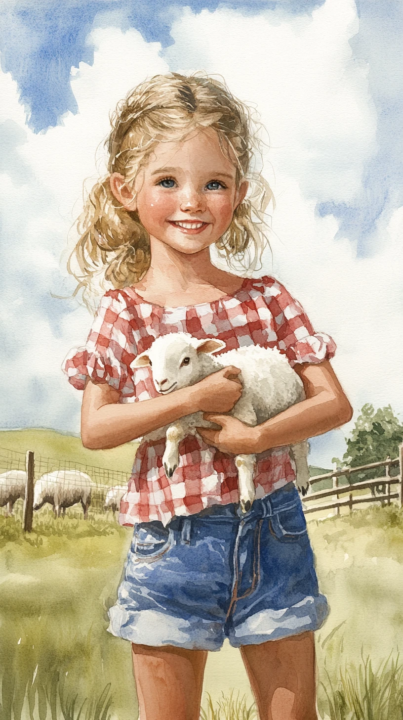 Smiling anime girl cuddling a white lamb in sunny meadow