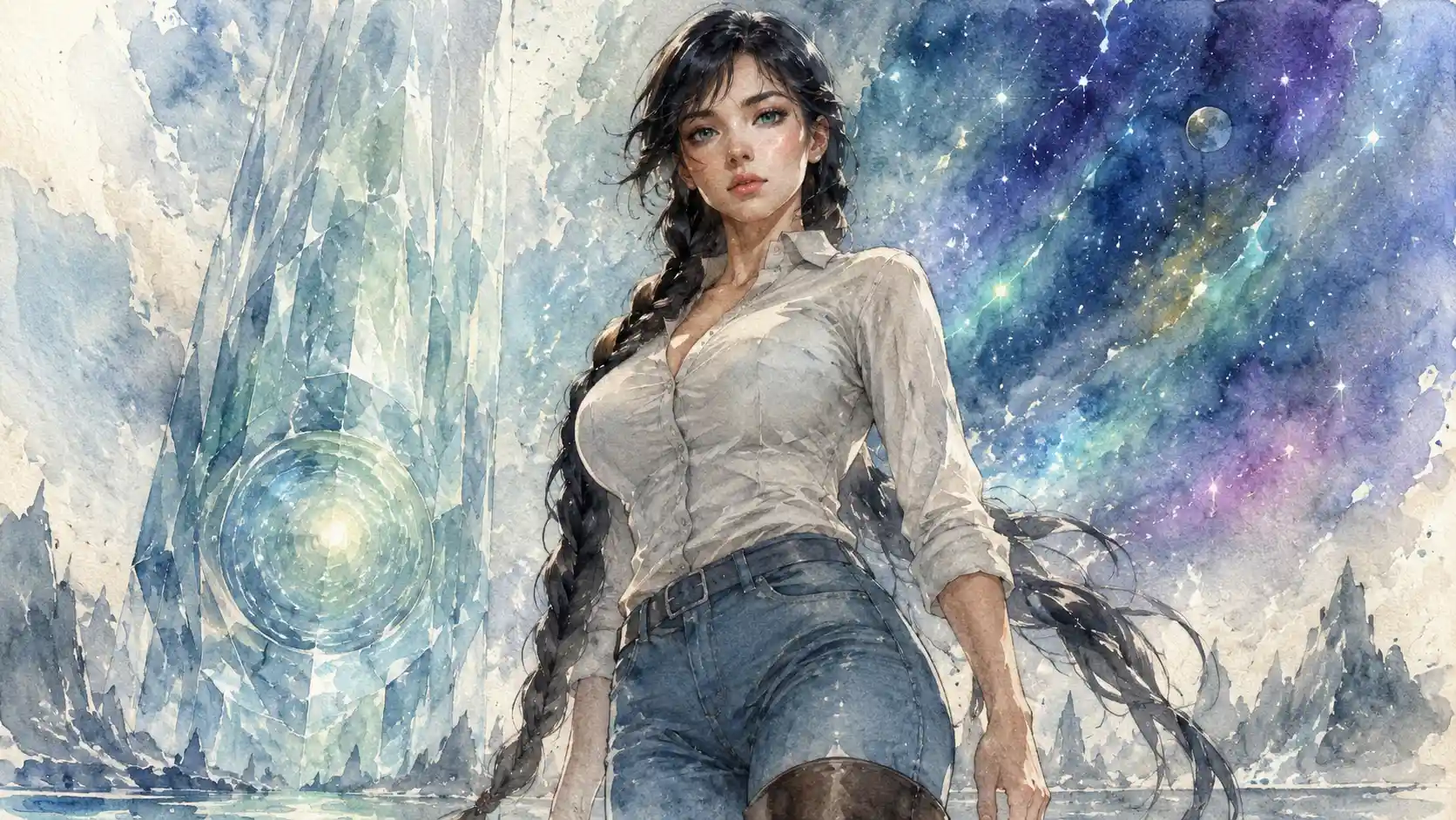 Trans Kryptonian woman guardian with long braids in casual clothes