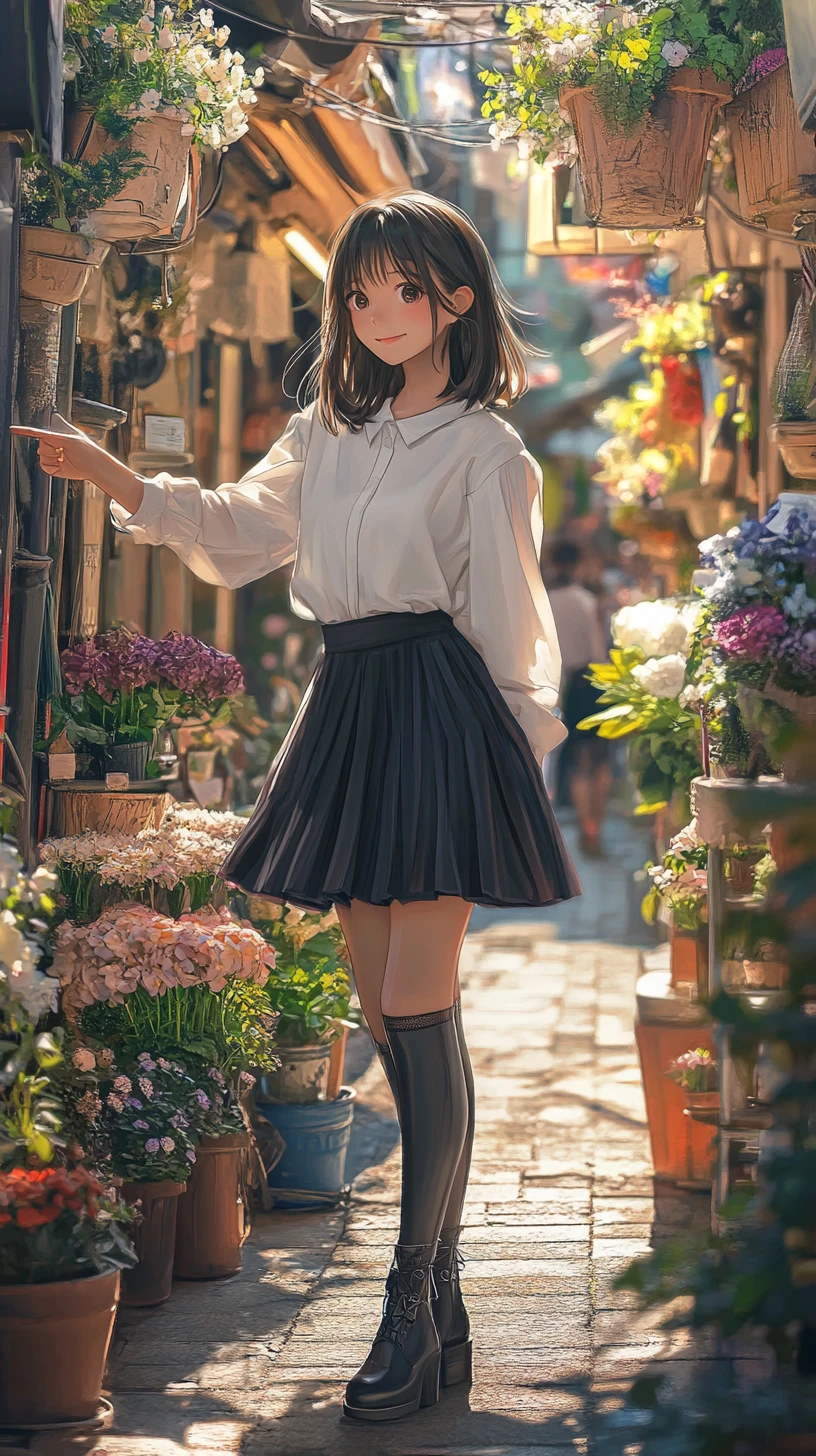 Anime girl smiling in a sunlit European flower alley