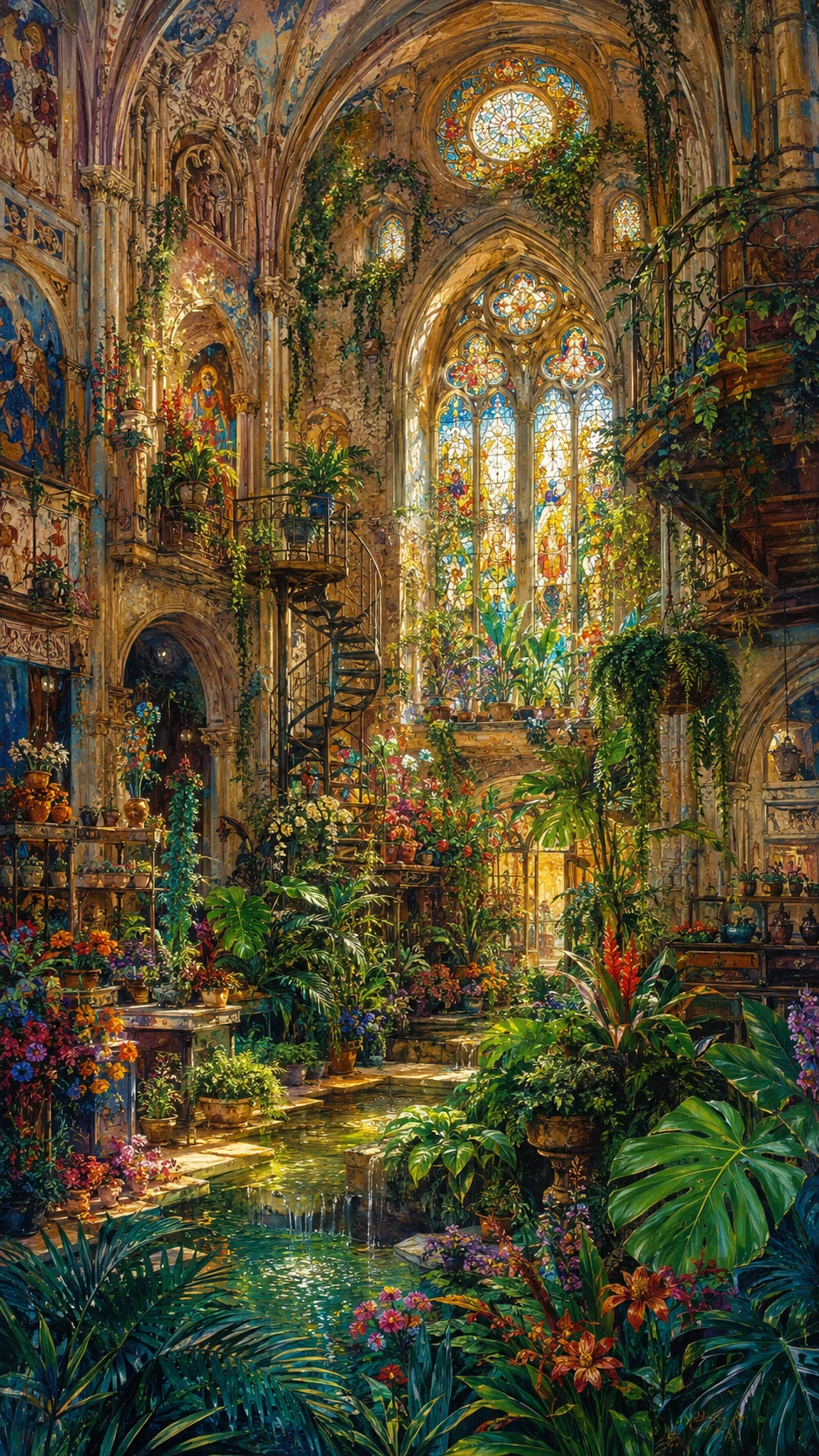 Miniature fantasy plant shop inside an abandoned cathedral