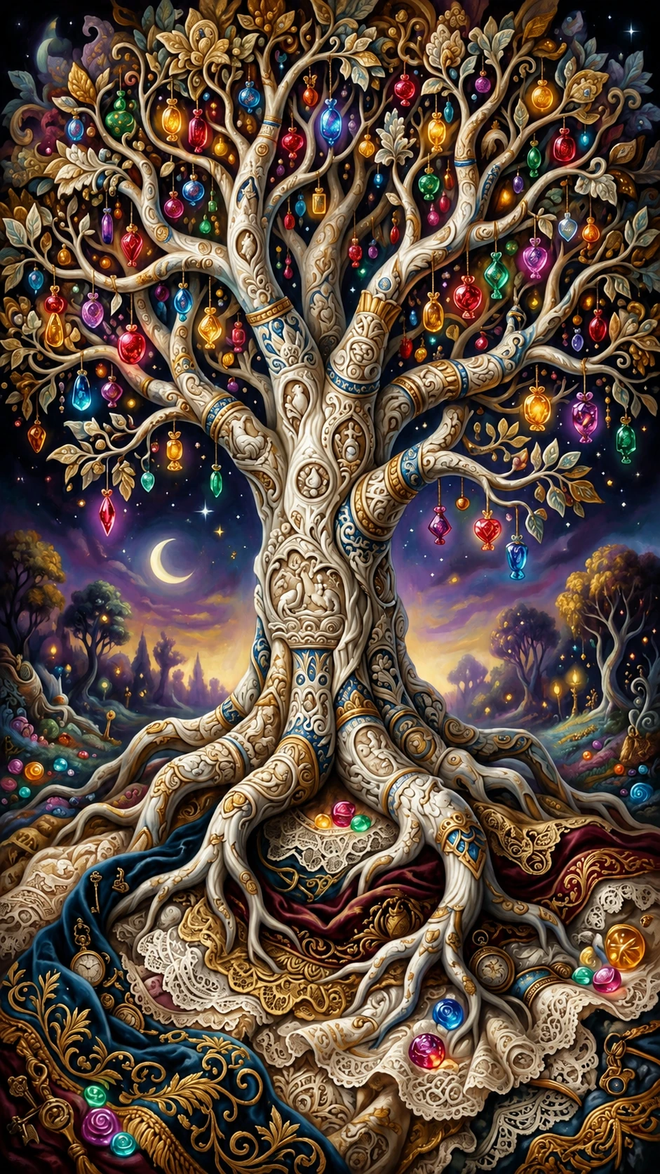 Porcelain fantasy tree with glowing candy in surreal landscape