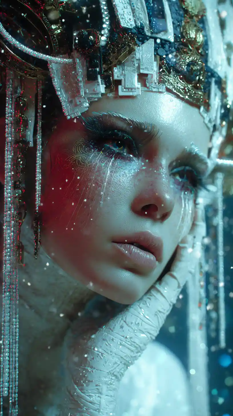 Fantasía cyberpunk surreal con un glamuroso estilo cinematográfico