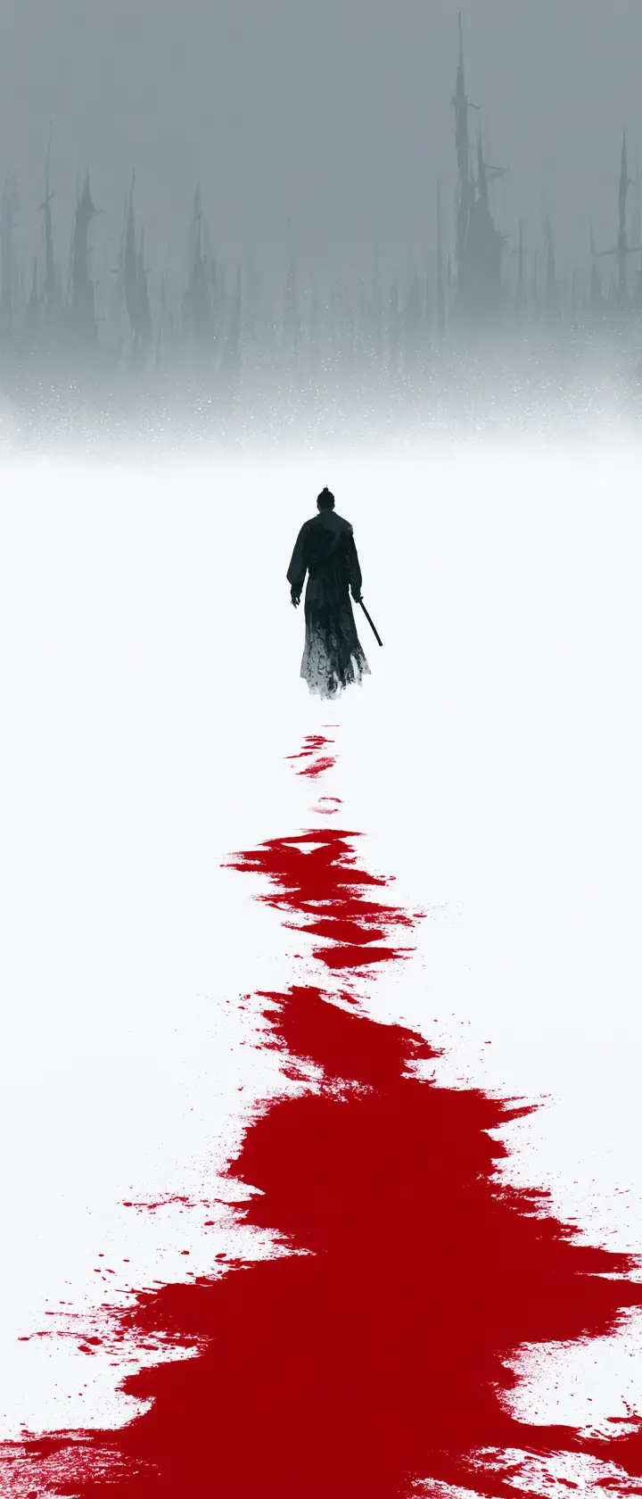 Lone swordsman walking into a white blizzard of vengeance