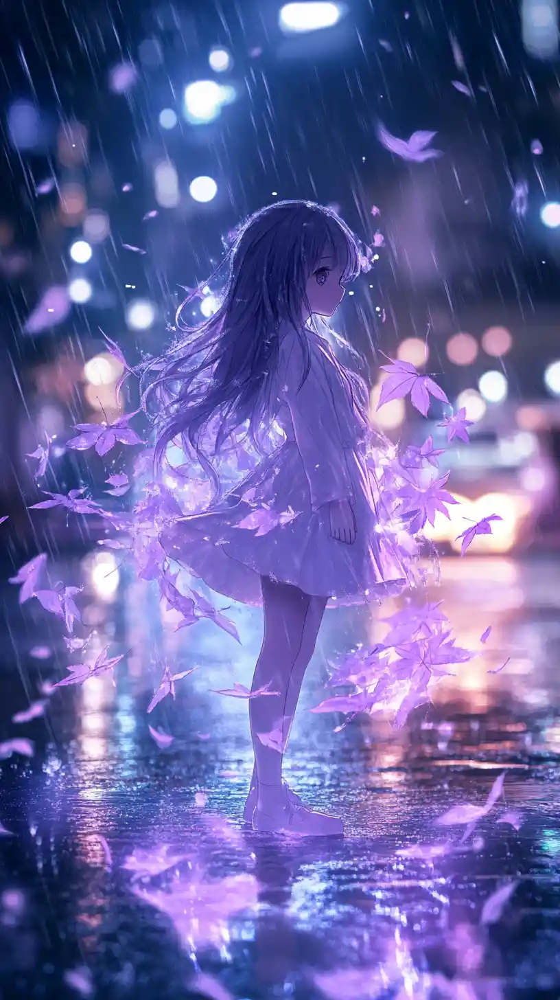 Anime girl on rainy neon street with magical leaves