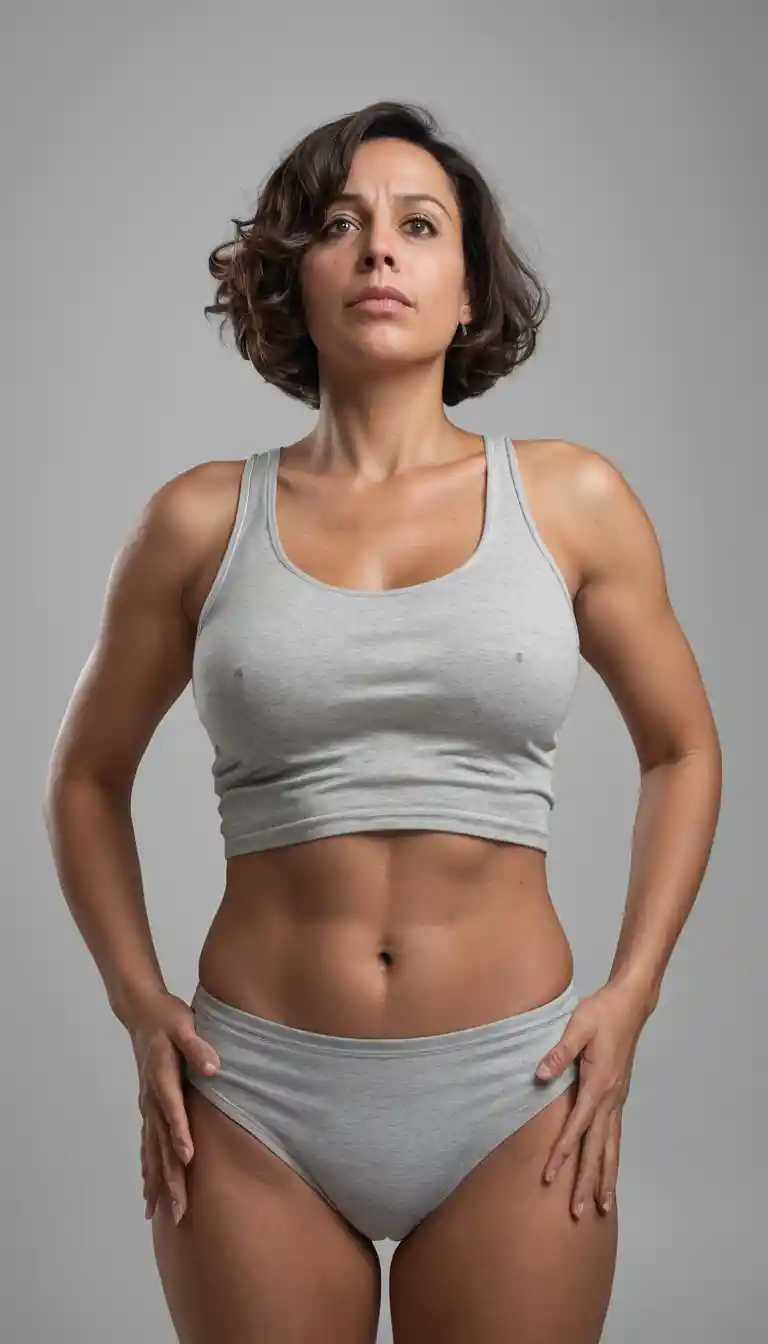 Low angle portrait of woman in tank top and panties