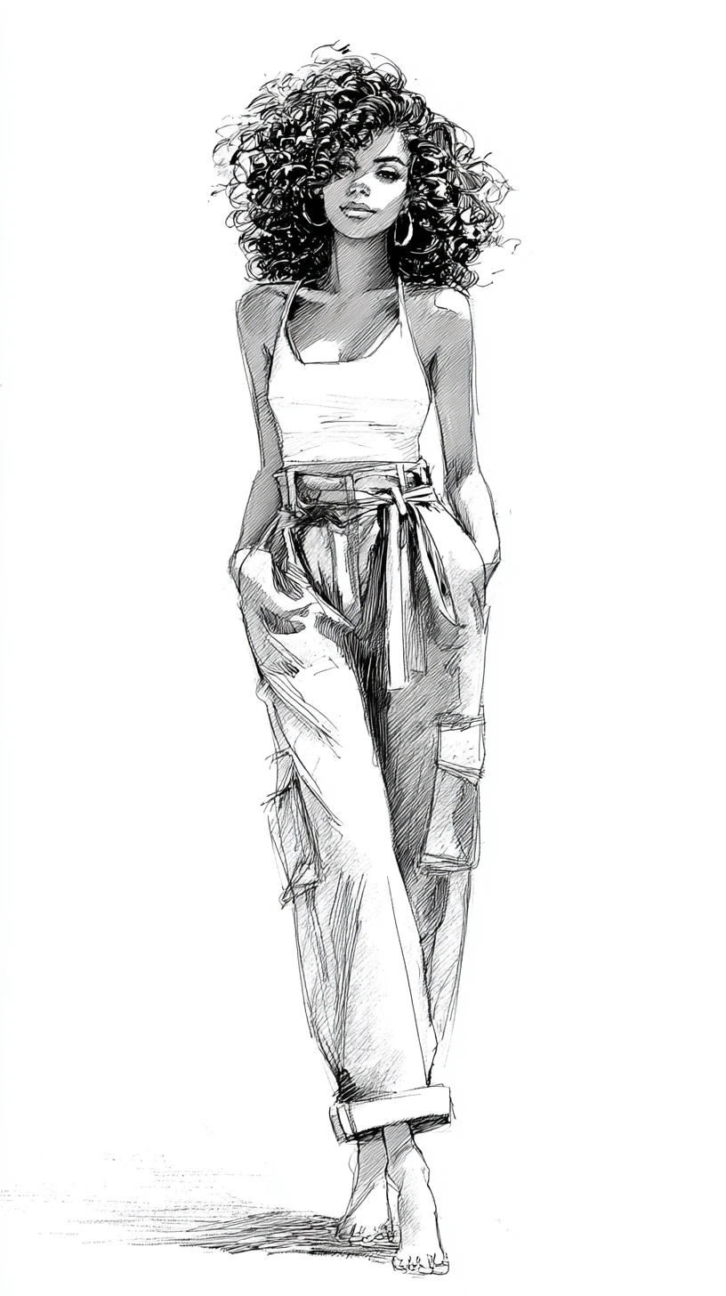 Fashion sketch of a woman in loose denim overalls