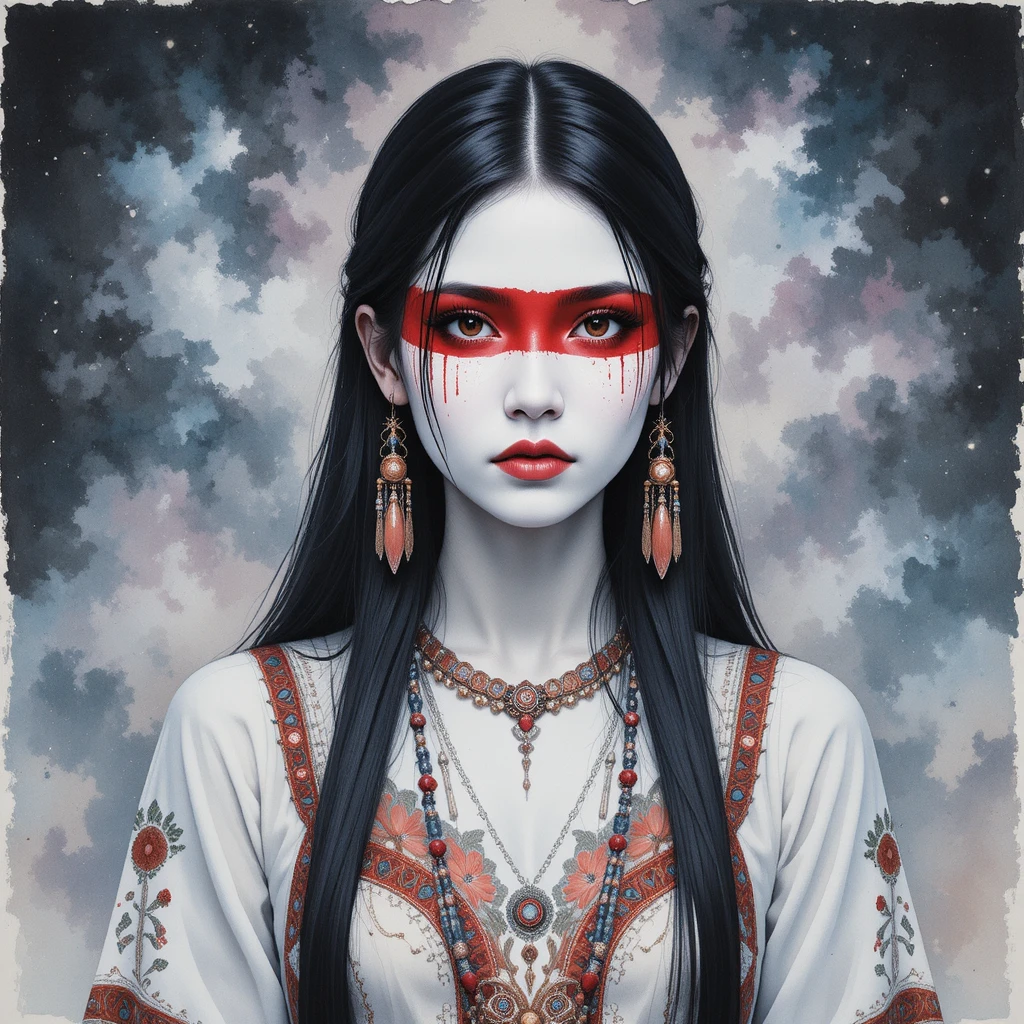 Young Native American woman with red eye band face paint