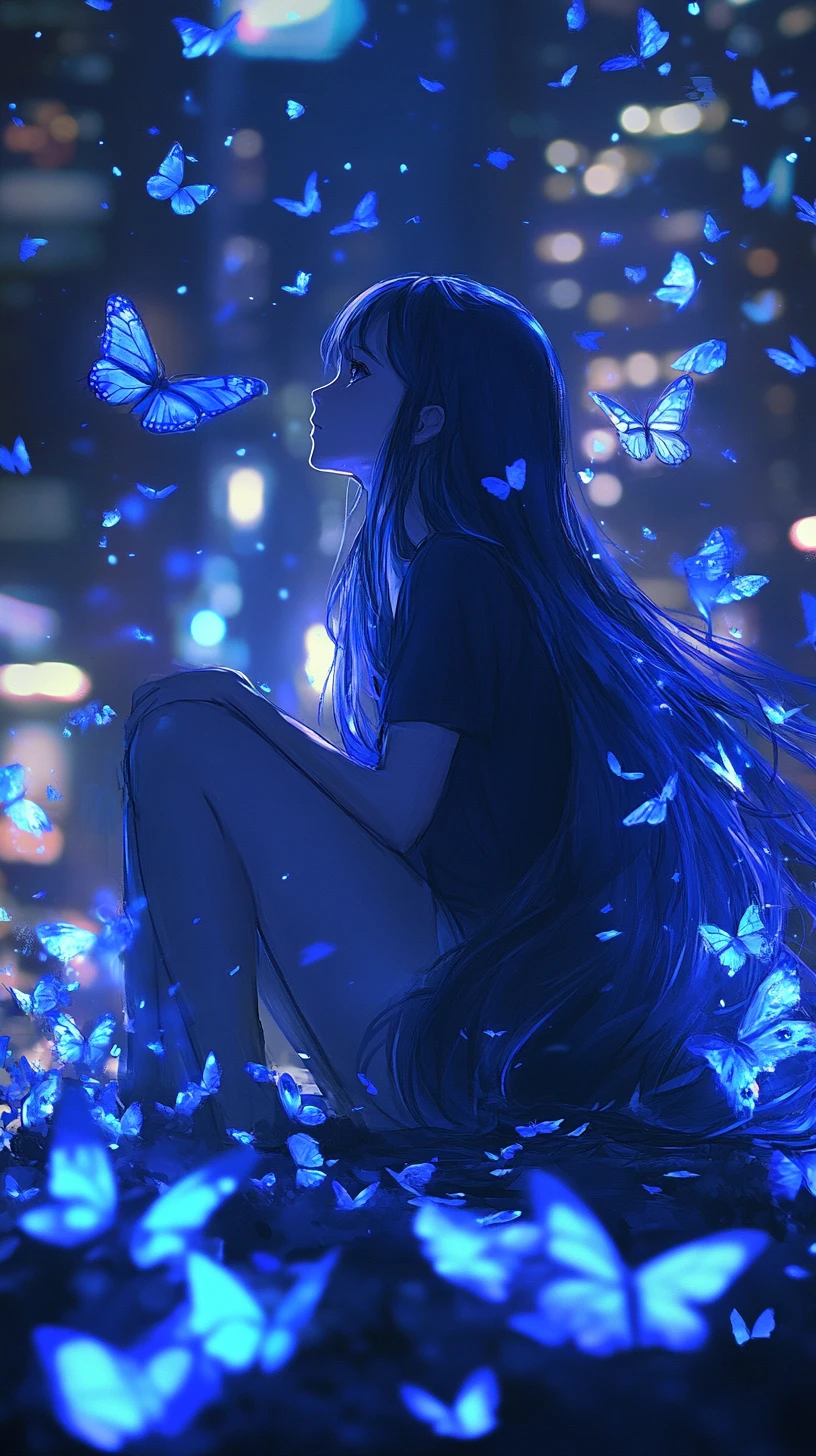 Blue haired anime girl with butterflies in night city