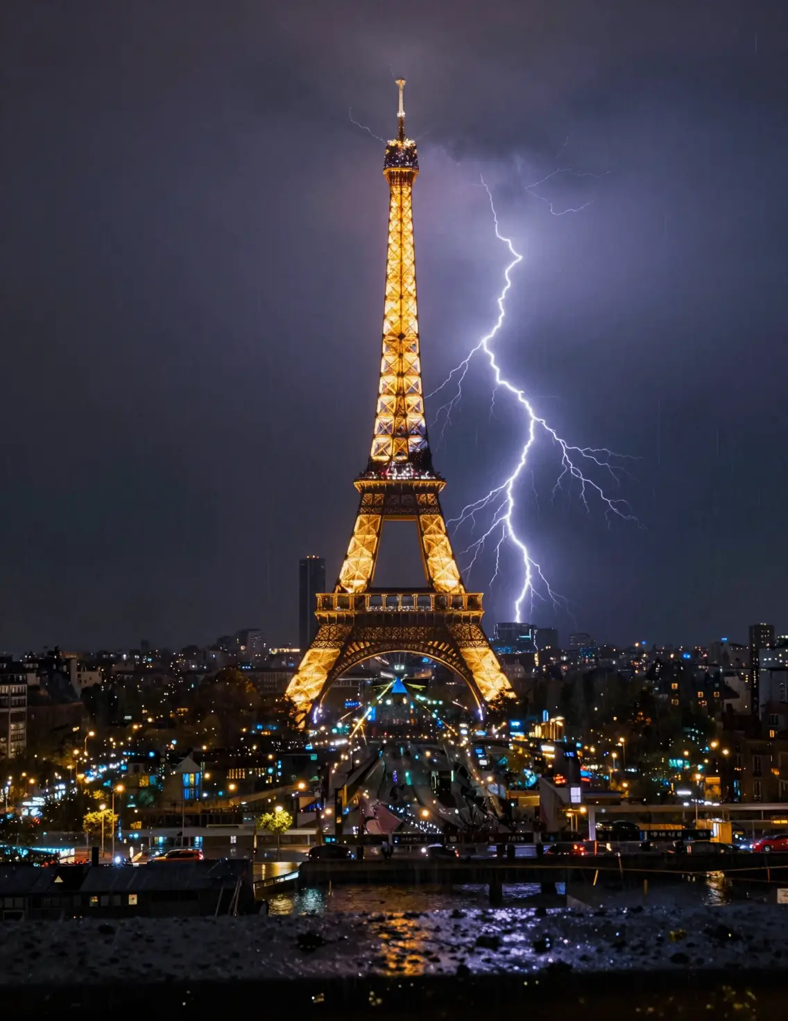 Paris skyline at night with lightning through wet window