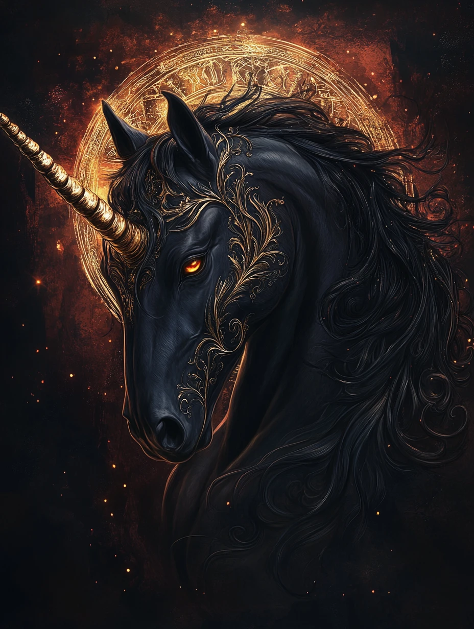 Dark fantasy portrait of a majestic black unicorn