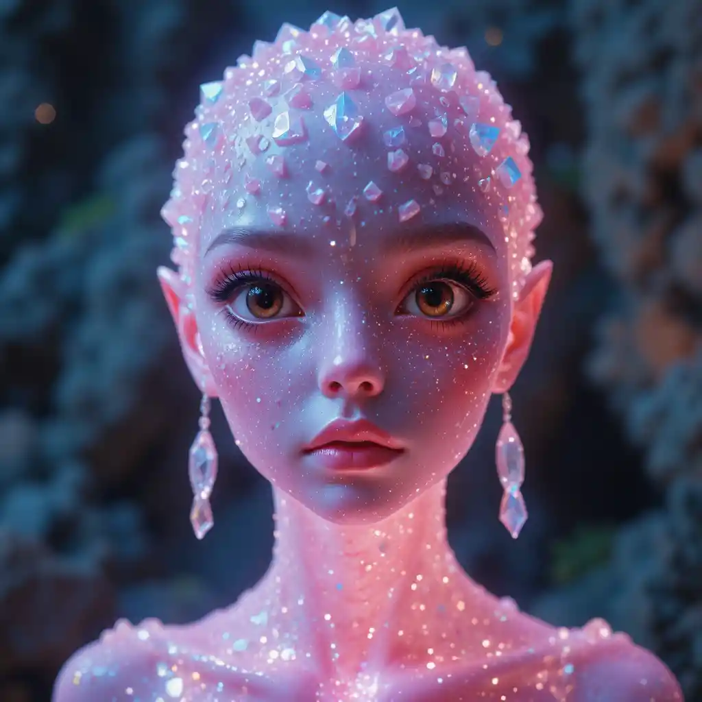 Pink skinned alien woman with glowing crystals and large eyes