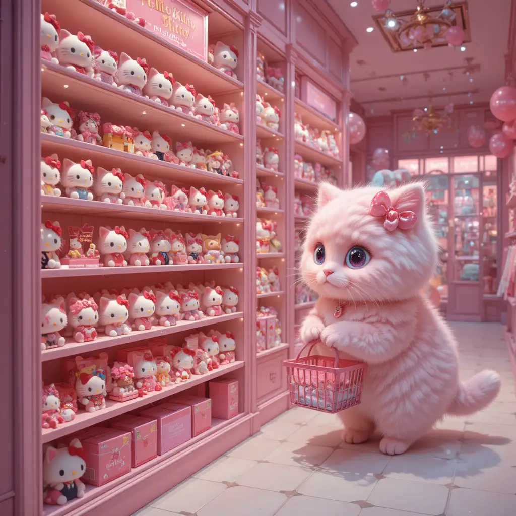 Fluffy cats shopping in a pastel pink boutique