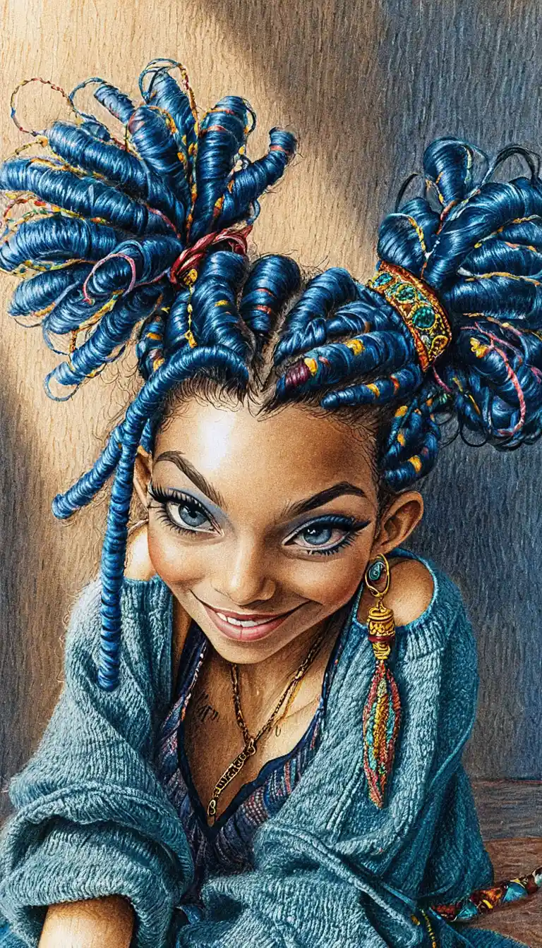 Playful alternative girl with blue dreadlocks in crouching pose