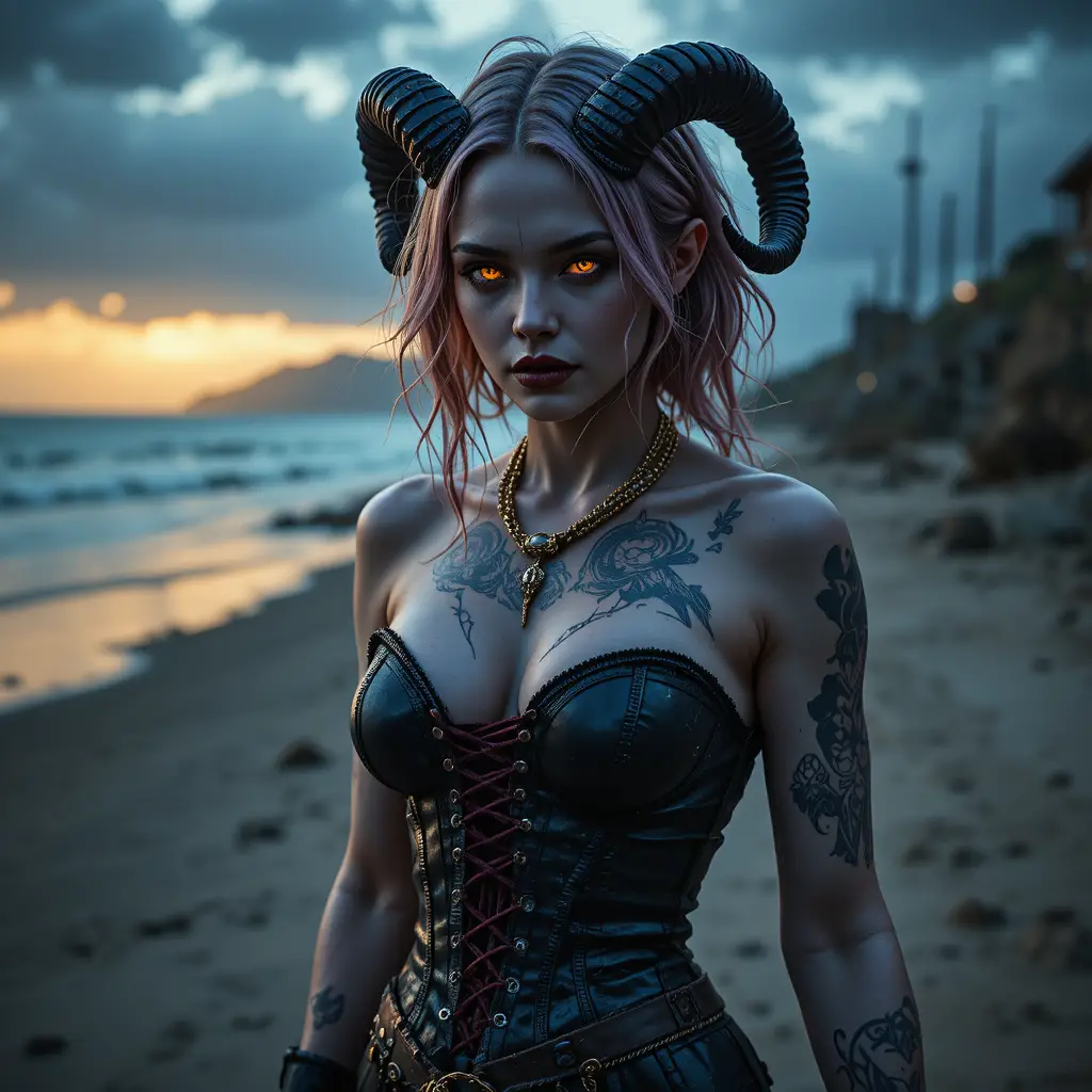 Demon pirate queen walking along a windswept misty beach