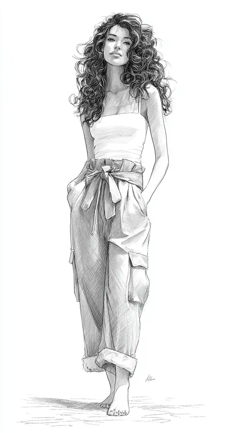 Pencil fashion sketch of a curly haired woman in overalls