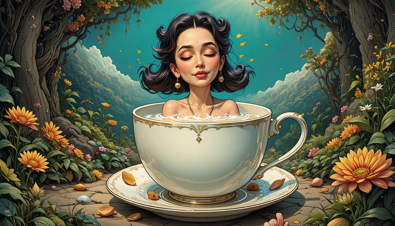 Surreal bra floating on a giant milk filled teacup