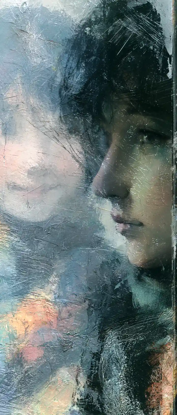 Close up anime girl with blurred smiling reflection