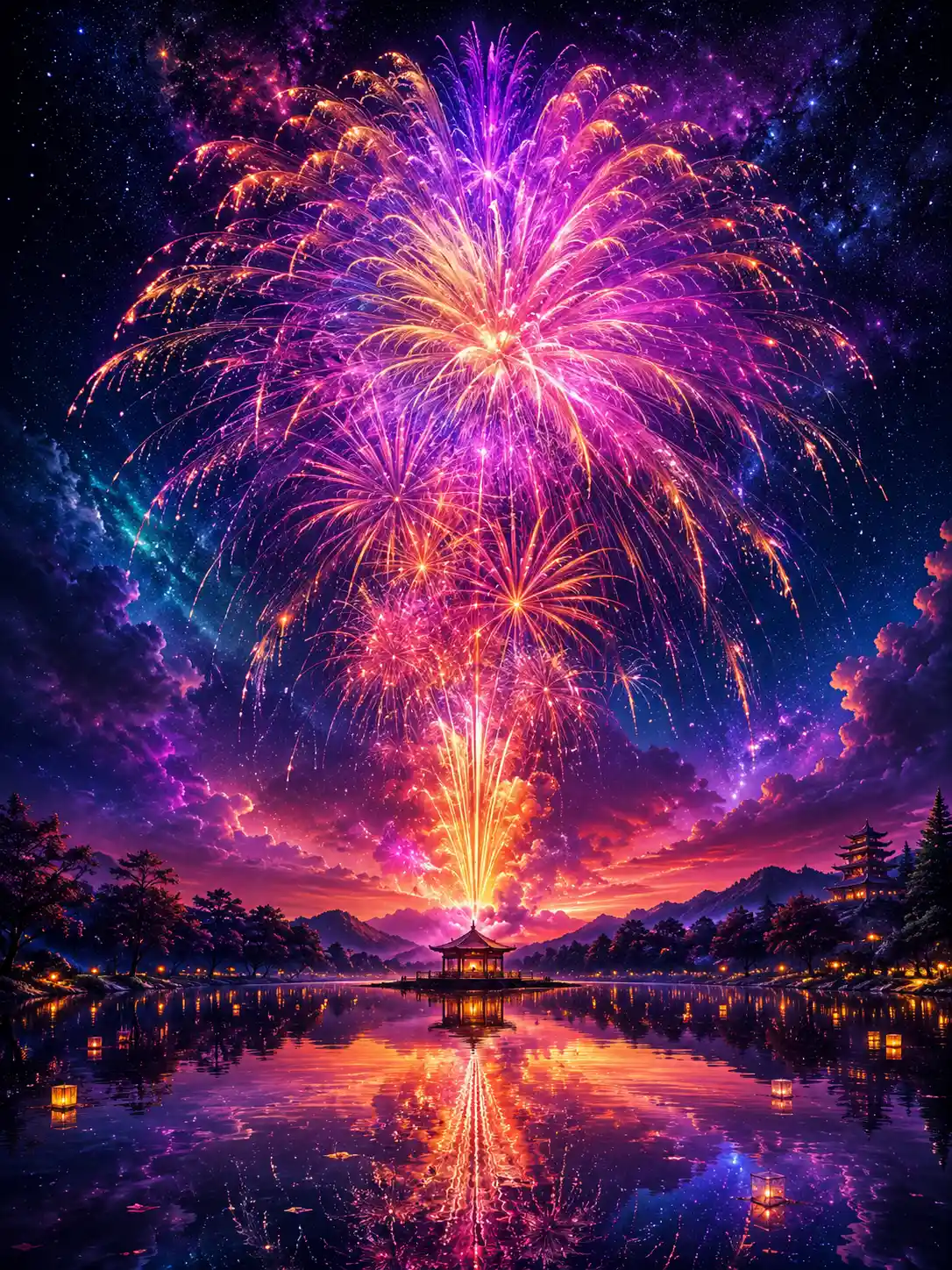Massive fireworks bursting over a tranquil night lake