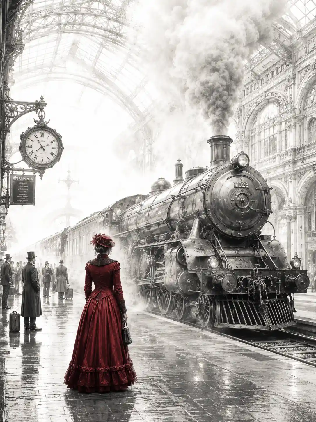 Steam locomotive arriving in a grand victorian train station