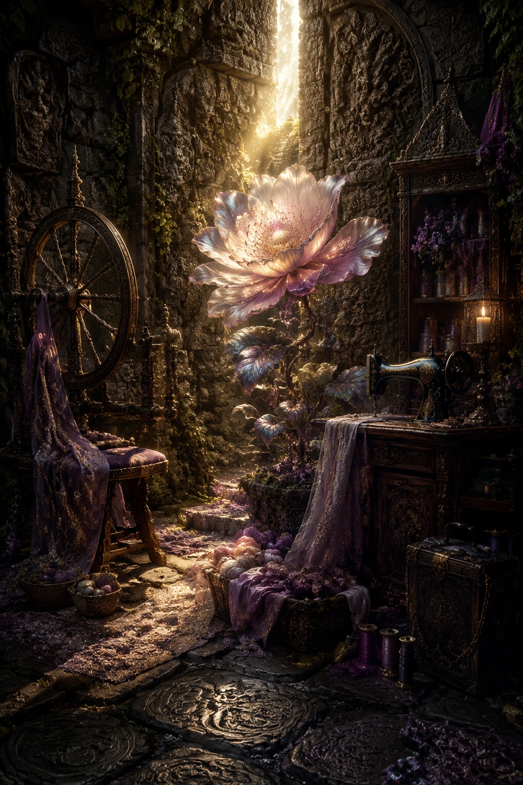 Glowing Doomsday Flower In An Enchanted Cobblestone Room