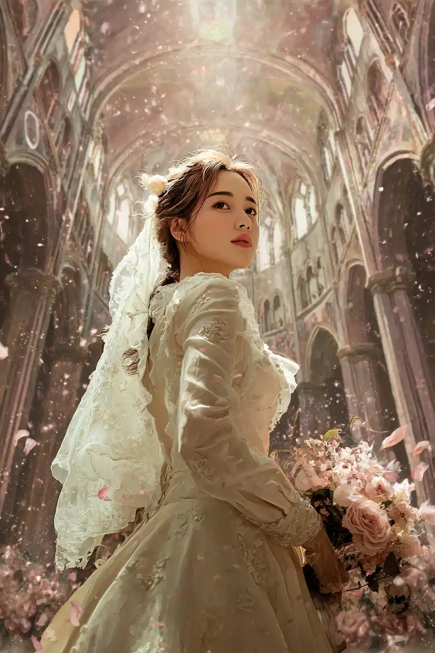Copertina di libro fantasy romantico con atmosfera nuziale in cattedrale