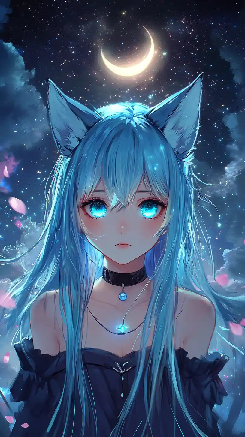 Mystical blue haired fox eared girl under a cosmic night sky