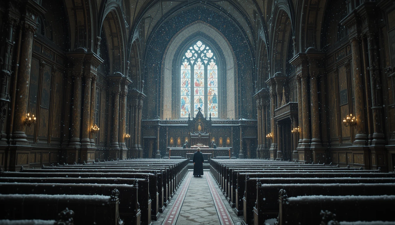 Heating technician inspecting frozen pipes inside a cold church