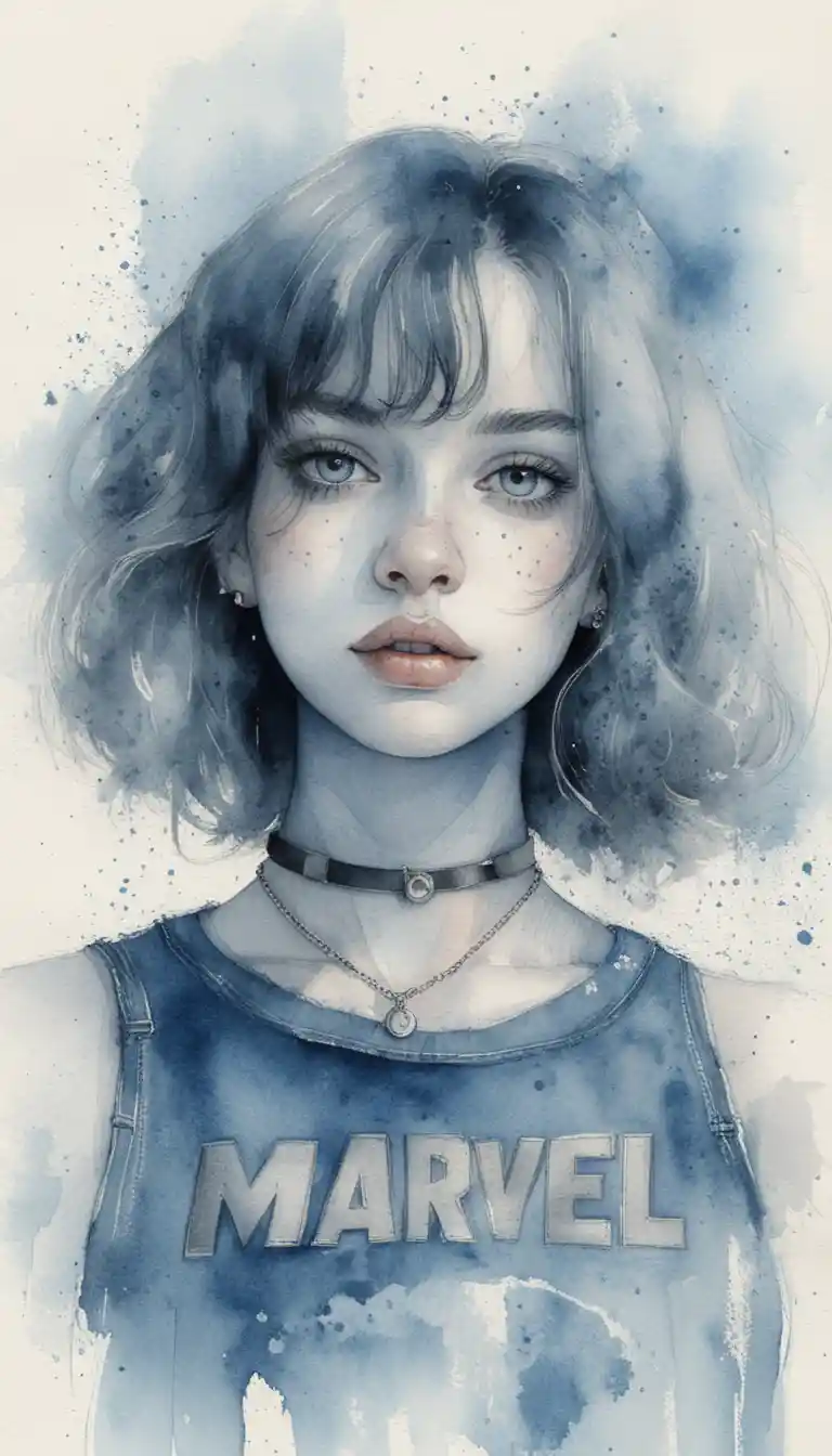 Color pencil portrait of a silver haired girl in chokers