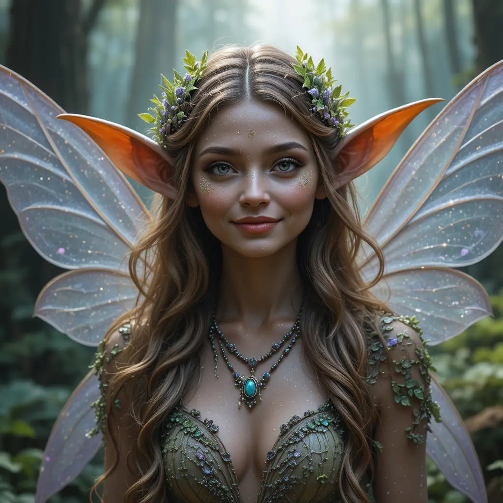 Fada morena com vestido de folhas em retrato na floresta