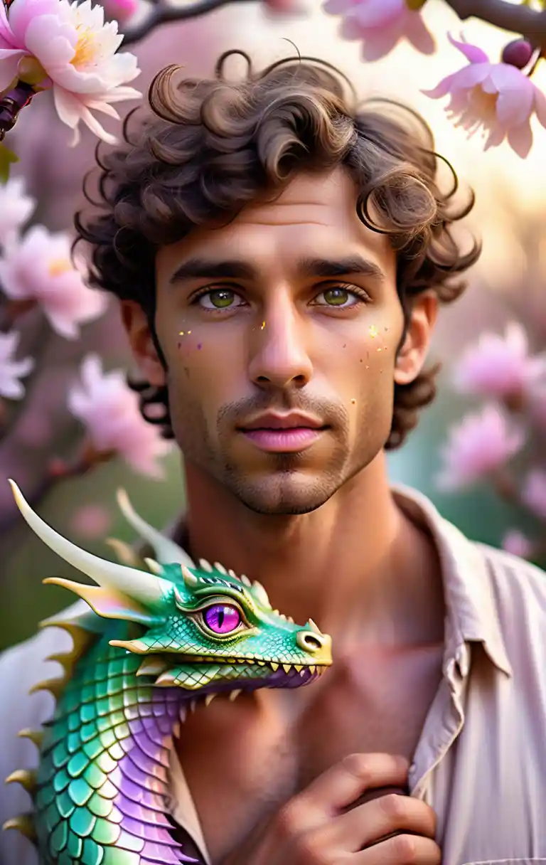 Fantasy man holding iridescent pink dragon among flowers