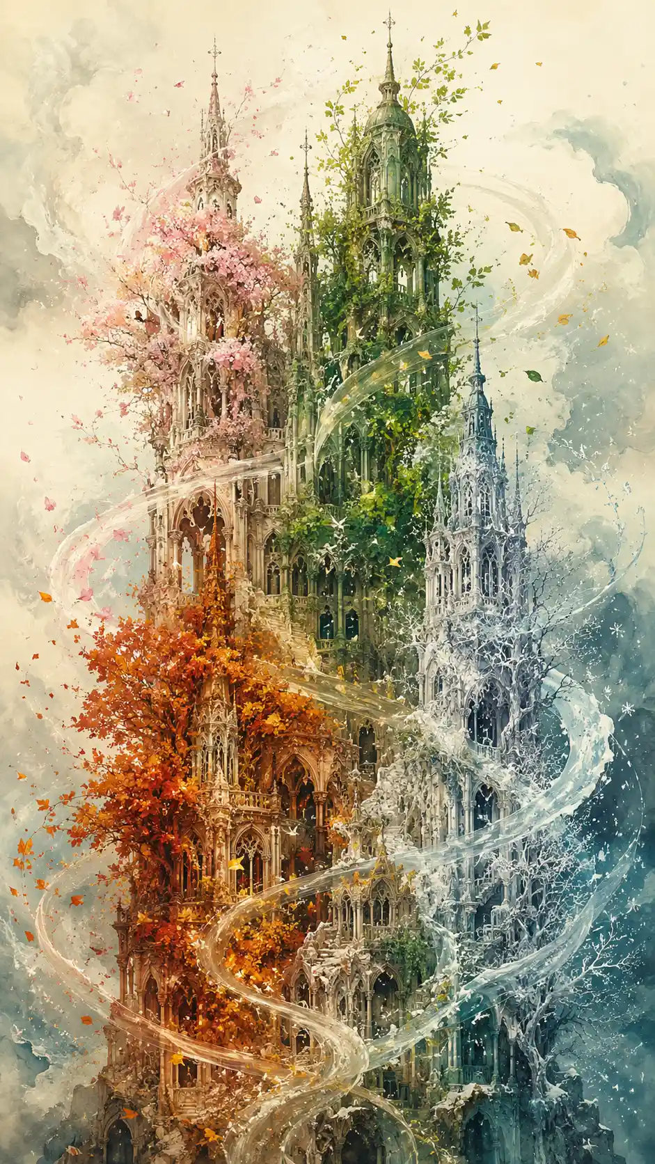 Seasonal fantasy towers in a surreal botanical sanctuary