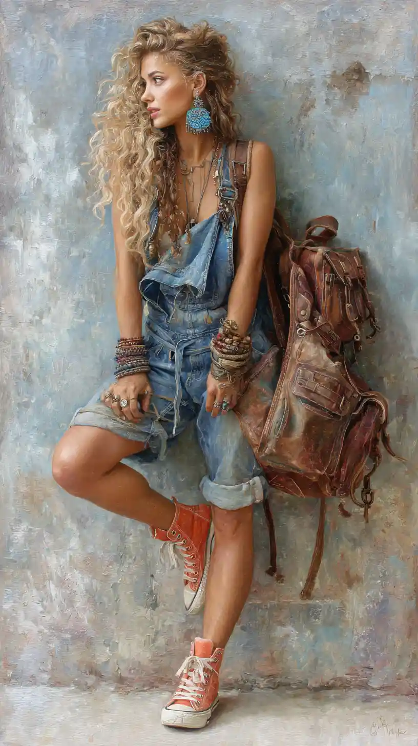 Bohemian woman in denim overalls by textured concrete wall