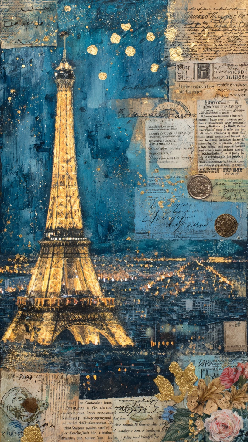 Collage multimédia de la tour Eiffel avec la skyline de Paris