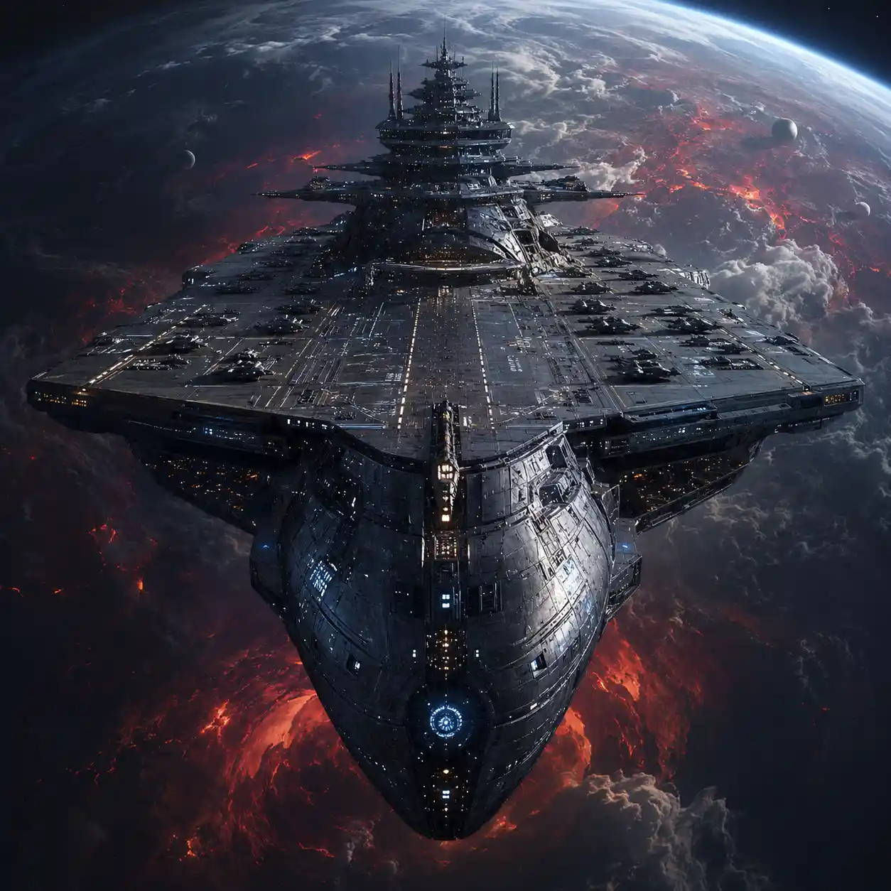 Alien warship spaceship above a distant glowing planet