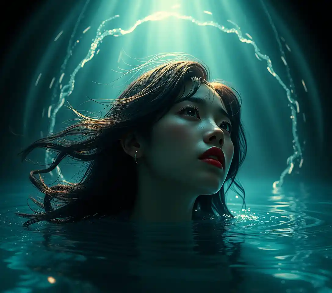 Dark woman emerging from shadows in surreal horror scene