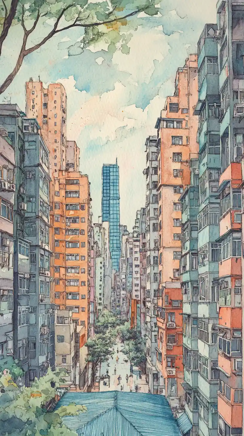 Dreamy Watercolor City Canyon With Tall Pastel Apartments