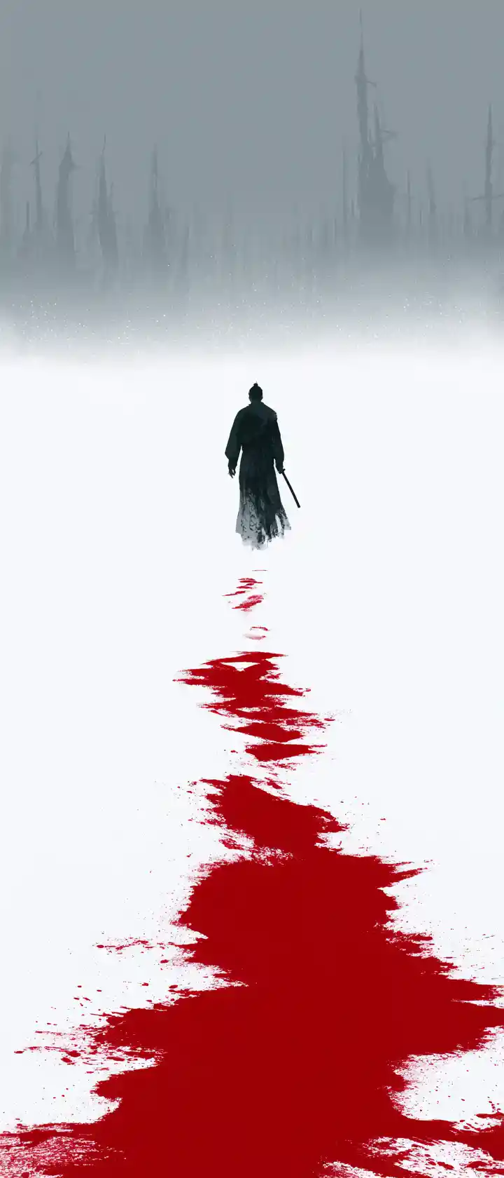 Lone swordsman walking into a white blizzard of vengeance