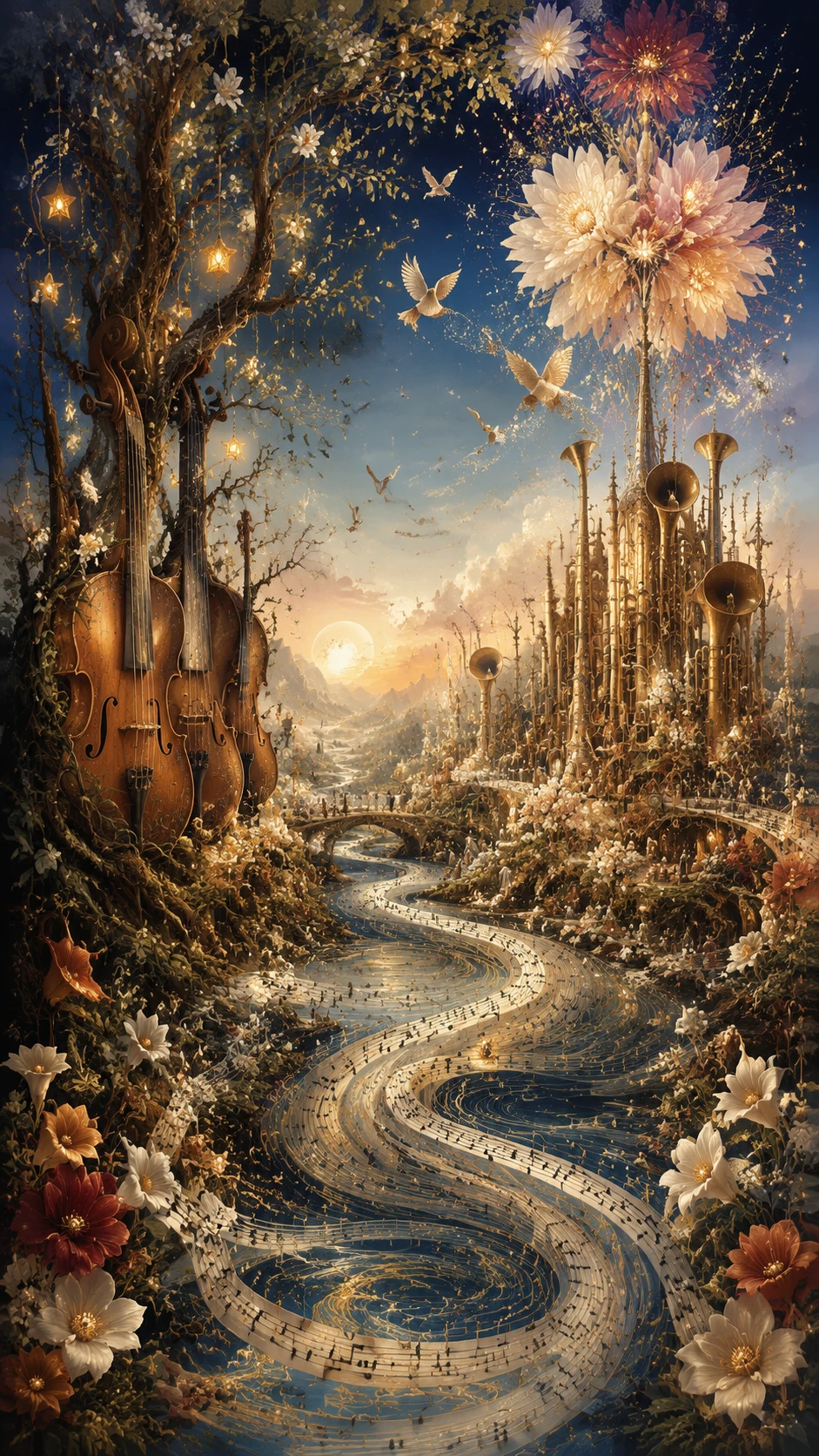 Surreal landscape where flowing music transforms into living nature