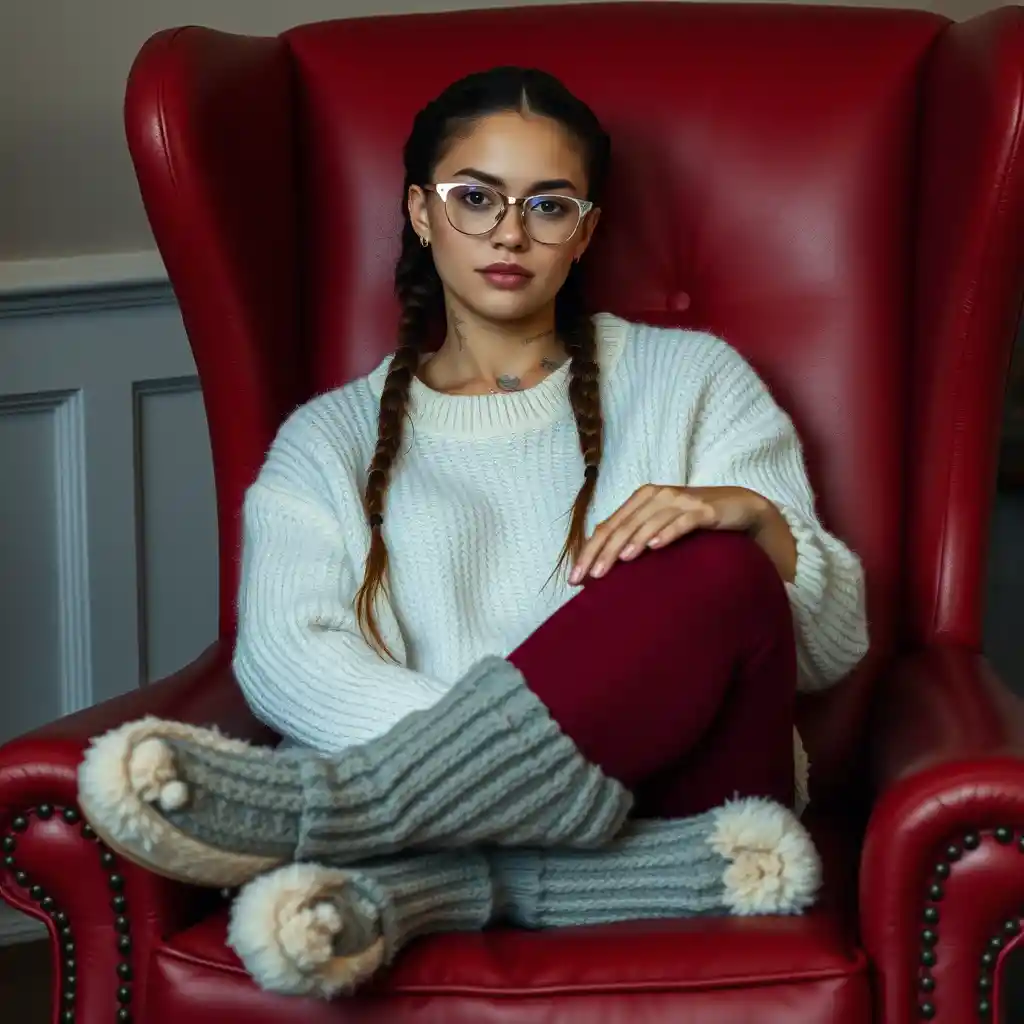 Young woman in red armchair wearing glasses and cozy outfit
