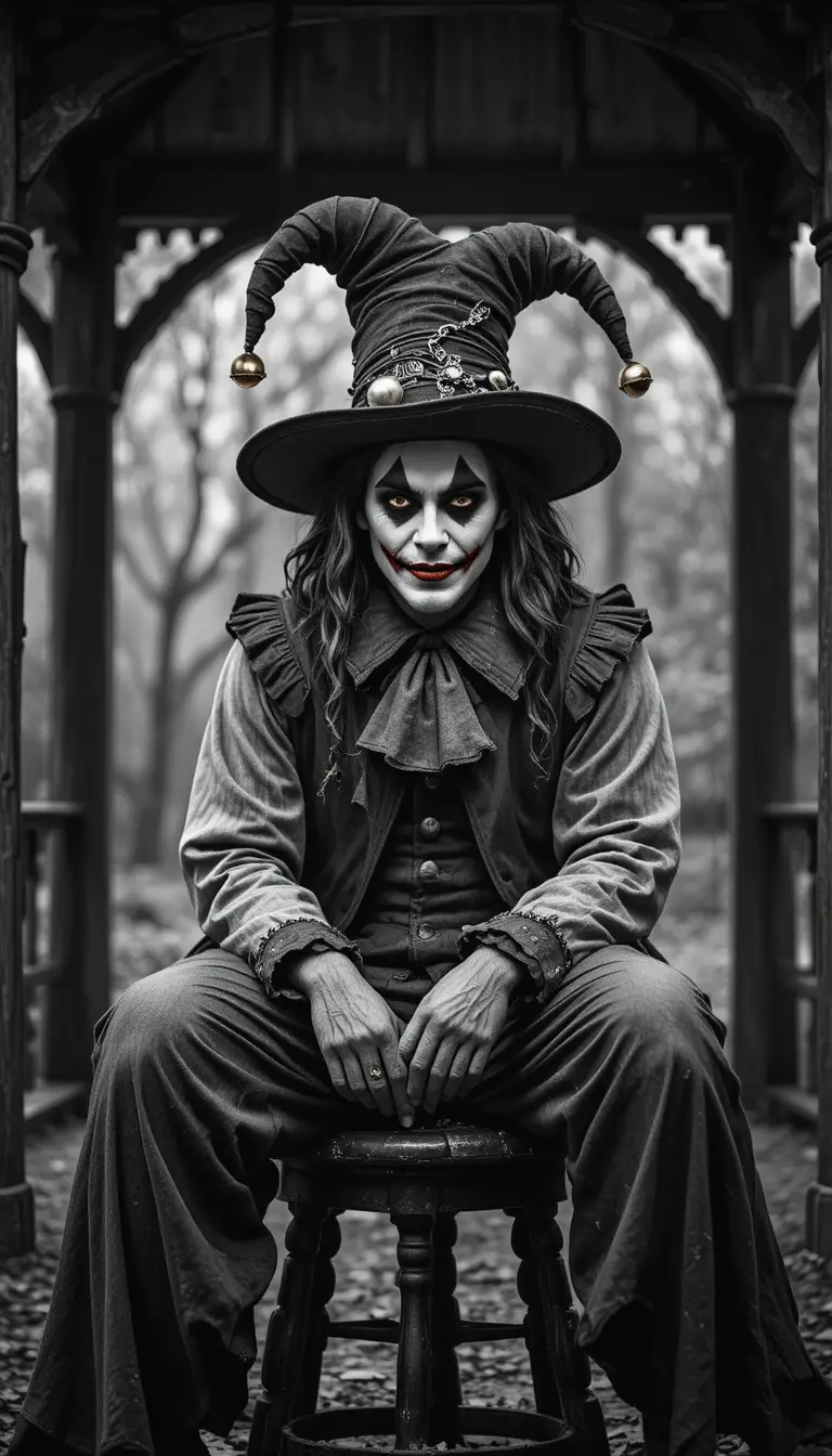 Melancholic jester under a rustic gazebo in monochrome