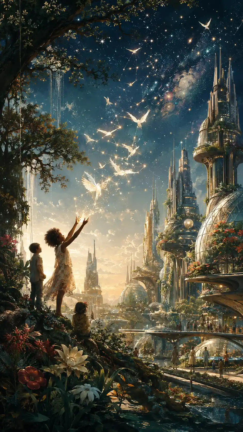Futuristic American city of living architecture and starlit sky