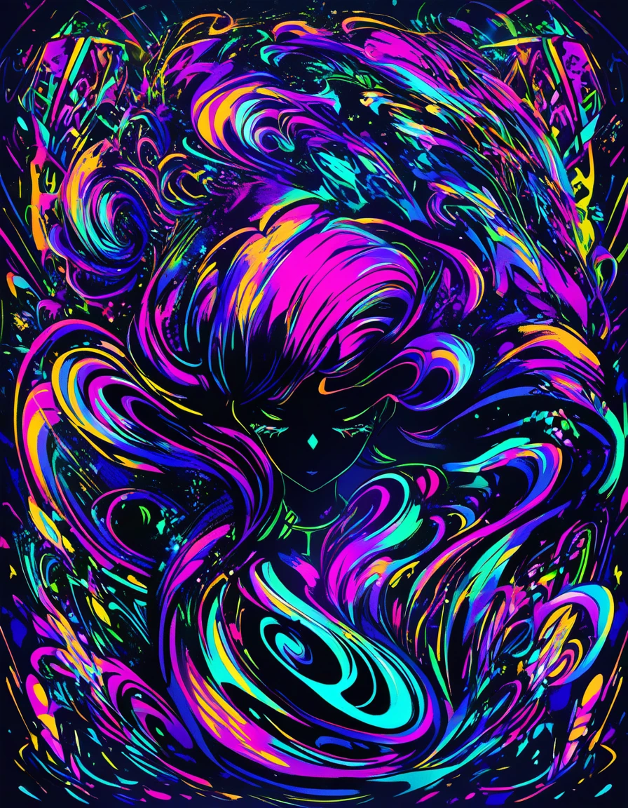 Abstract neon papercraft portrait of a swirling woman
