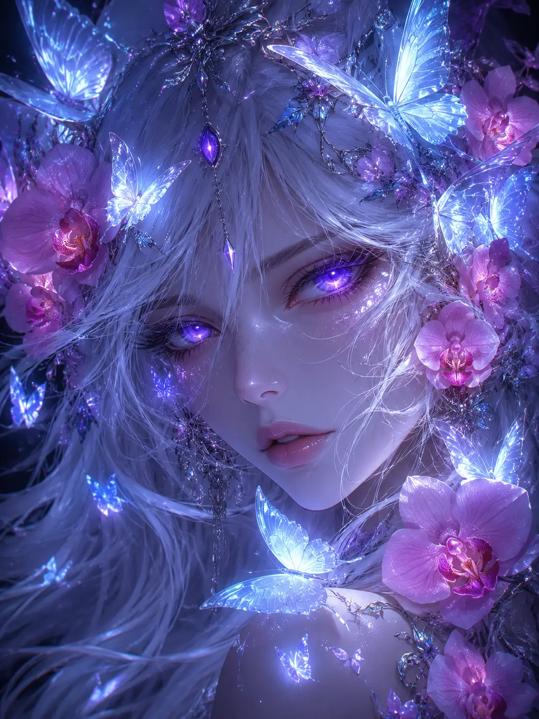 Mystical silver skinned woman with glowing purple eyes