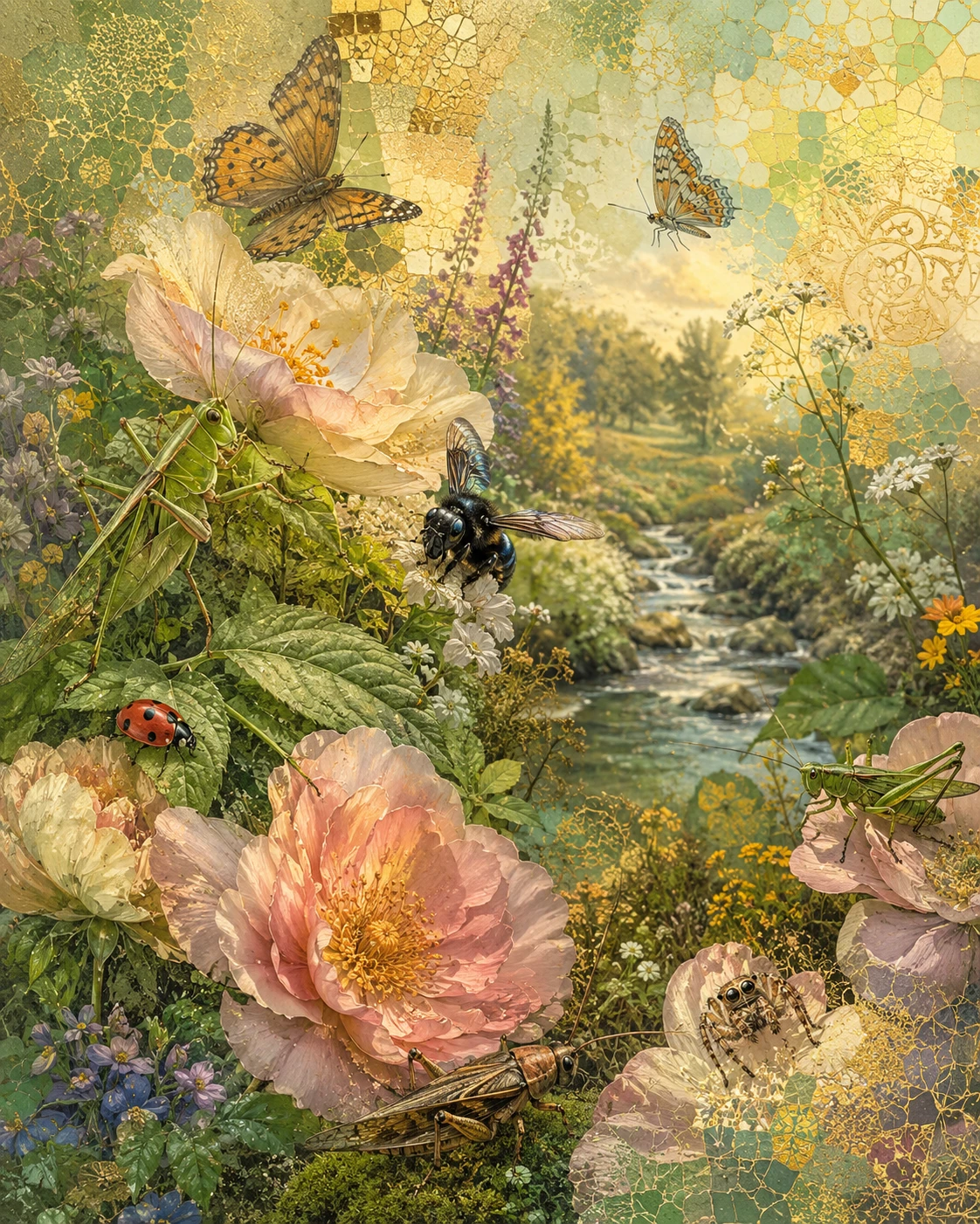 Fiori colorati in primo piano in un tranquillo giardino di campagna