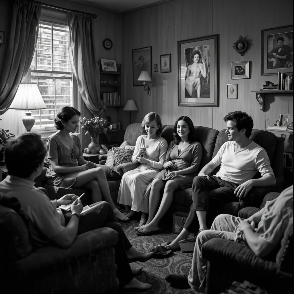 Friends gathered in a living room under a quiet chaperones watch