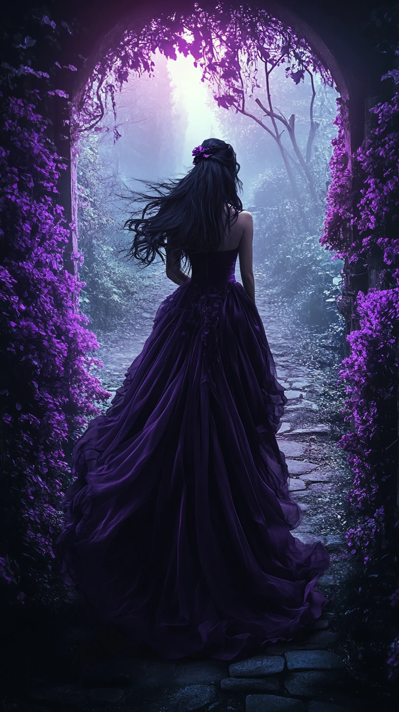 Mystic woman in violet gown on a glowing stone path