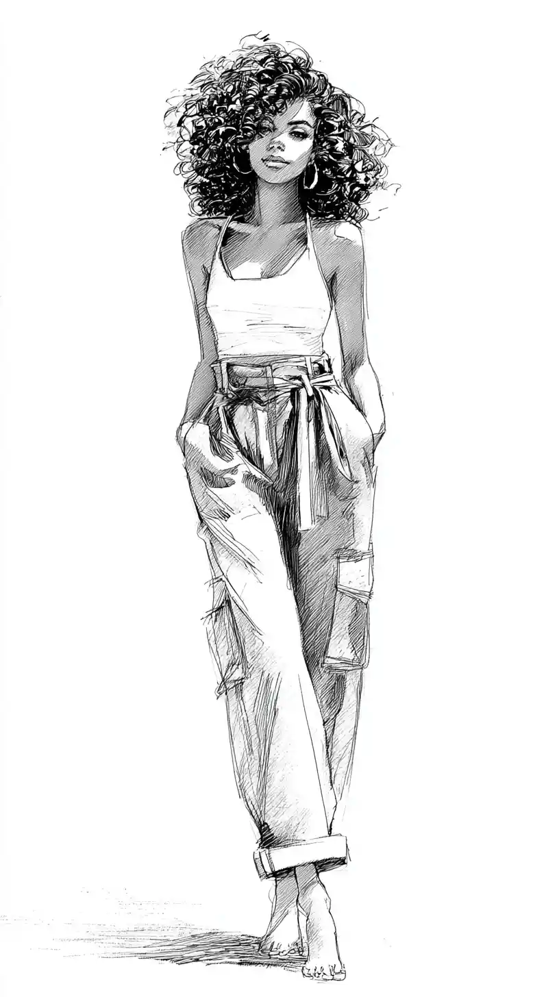Fashion sketch of a woman in loose denim overalls