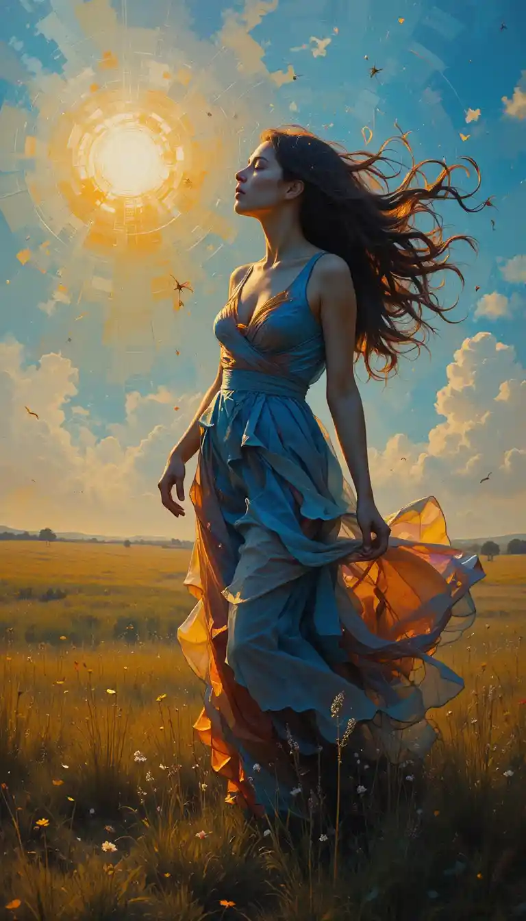 Joven mujer en una pintura abstracta de campo al amanecer