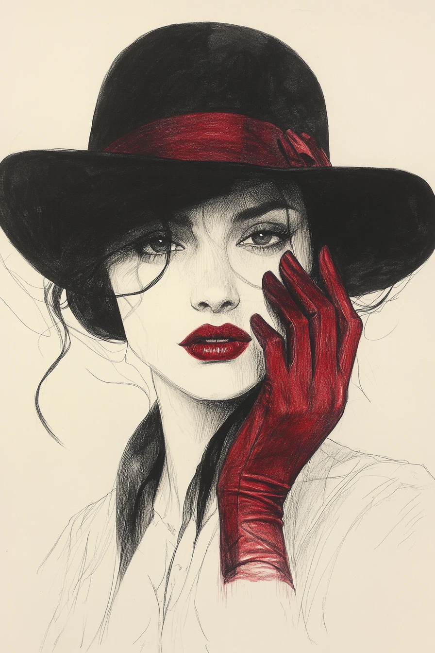Woman in bowler hat with red glove masking one eye