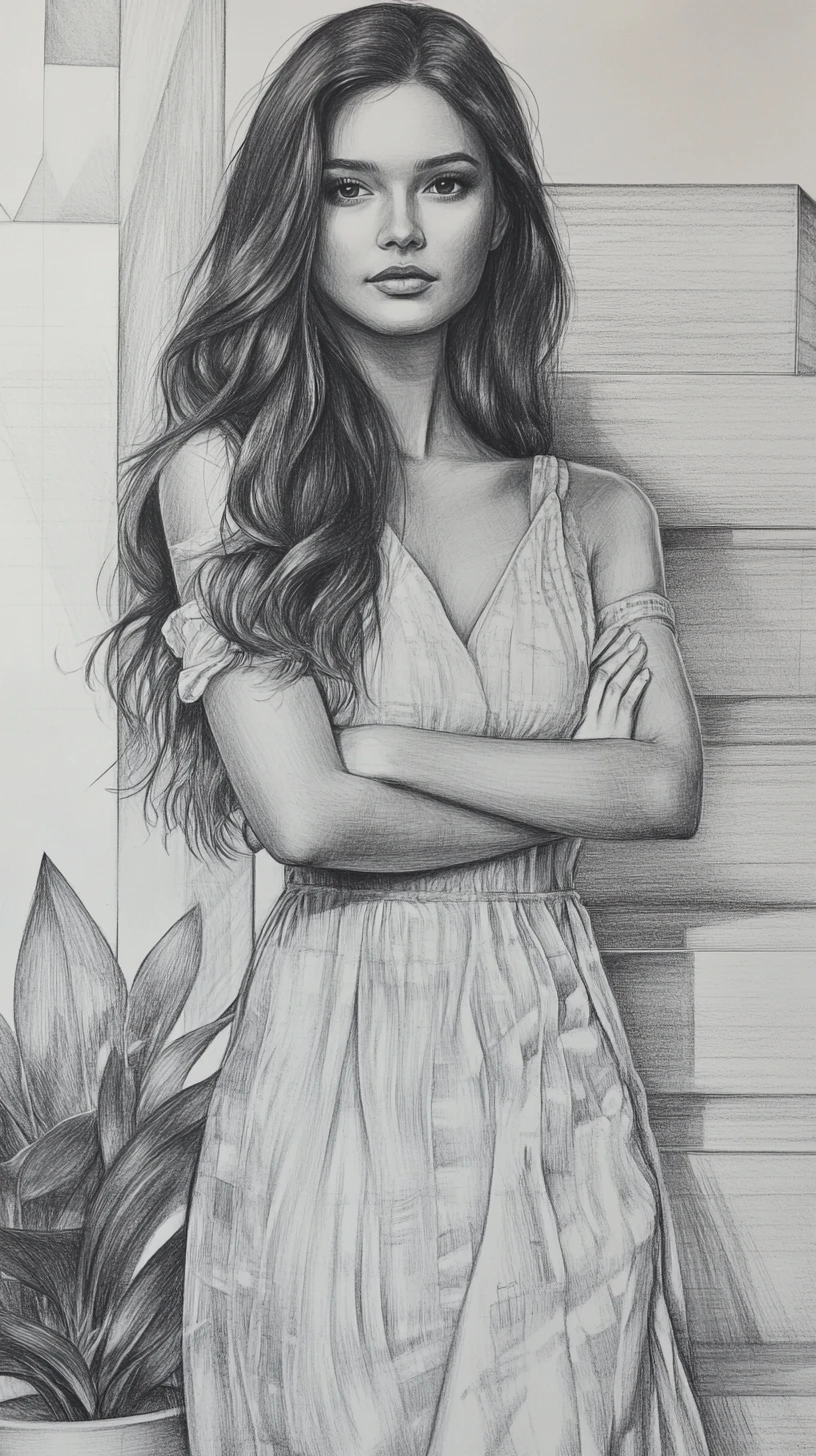Young woman in flowing dress beside potted plant